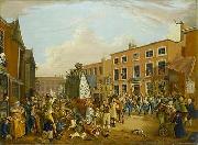 Oil on canvas painting depicting the ancient custom of rushbearing on Long Millgate in Manchester in 1821